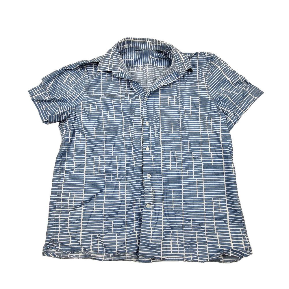Perry Ellis Shirt Mens XL Blue Geometric Short Sleeve Button Up Cotton Casual